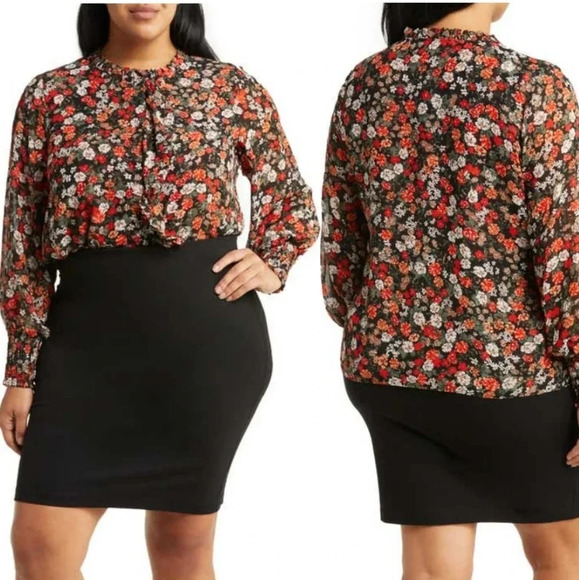NWT T Tahari Misa Long Sleeve Floral Ruffle Blouse - Picture 1 of 2